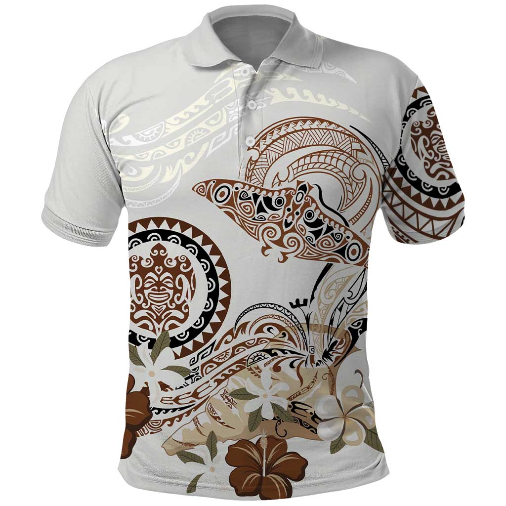 Polynesian Manta Ray Polo Shirt Beige Floral Turtle Tattoo - Polynesian Pride