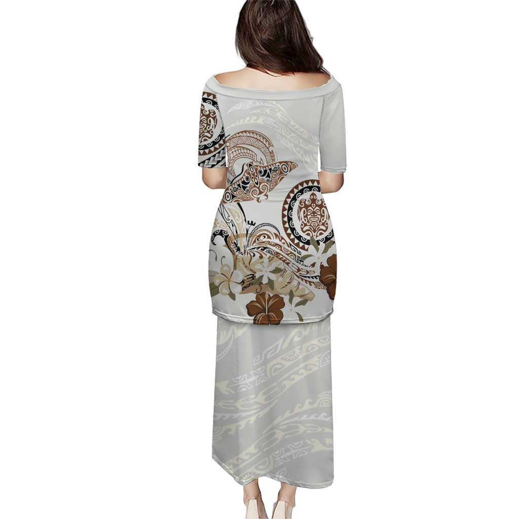 Polynesian Manta Ray Puletasi Beige Floral Turtle Tattoo - Polynesian Pride