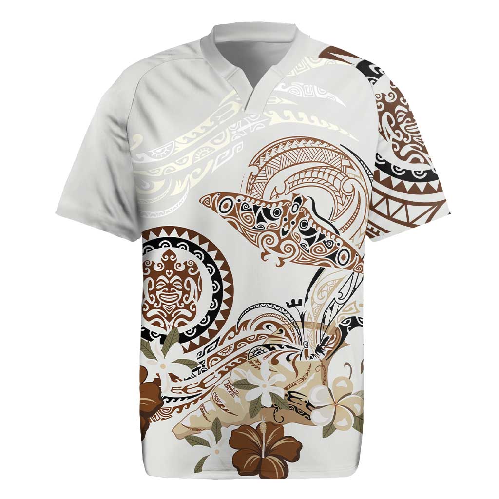 Polynesian Manta Ray Rugby Jersey Beige Floral Turtle Tattoo - Polynesian Pride