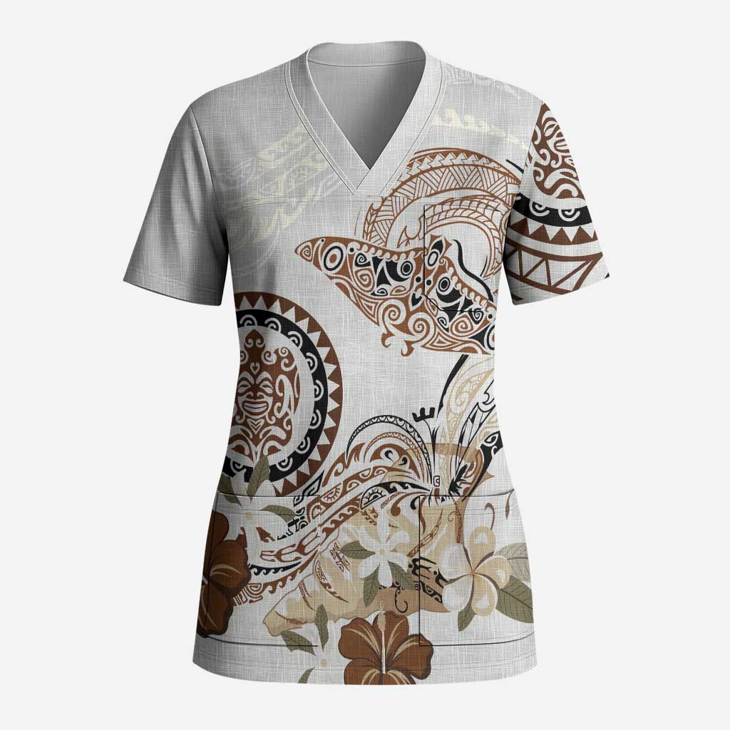 Polynesian Manta Ray Scrub Top Beige Floral Turtle Tattoo - Polynesian Pride