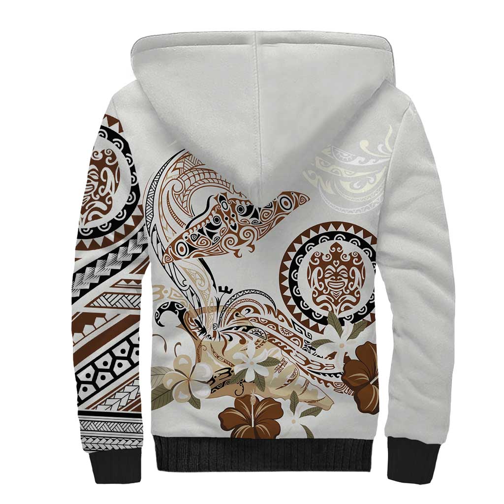 Polynesian Manta Ray Sherpa Hoodie Beige Floral Turtle Tattoo - Polynesian Pride