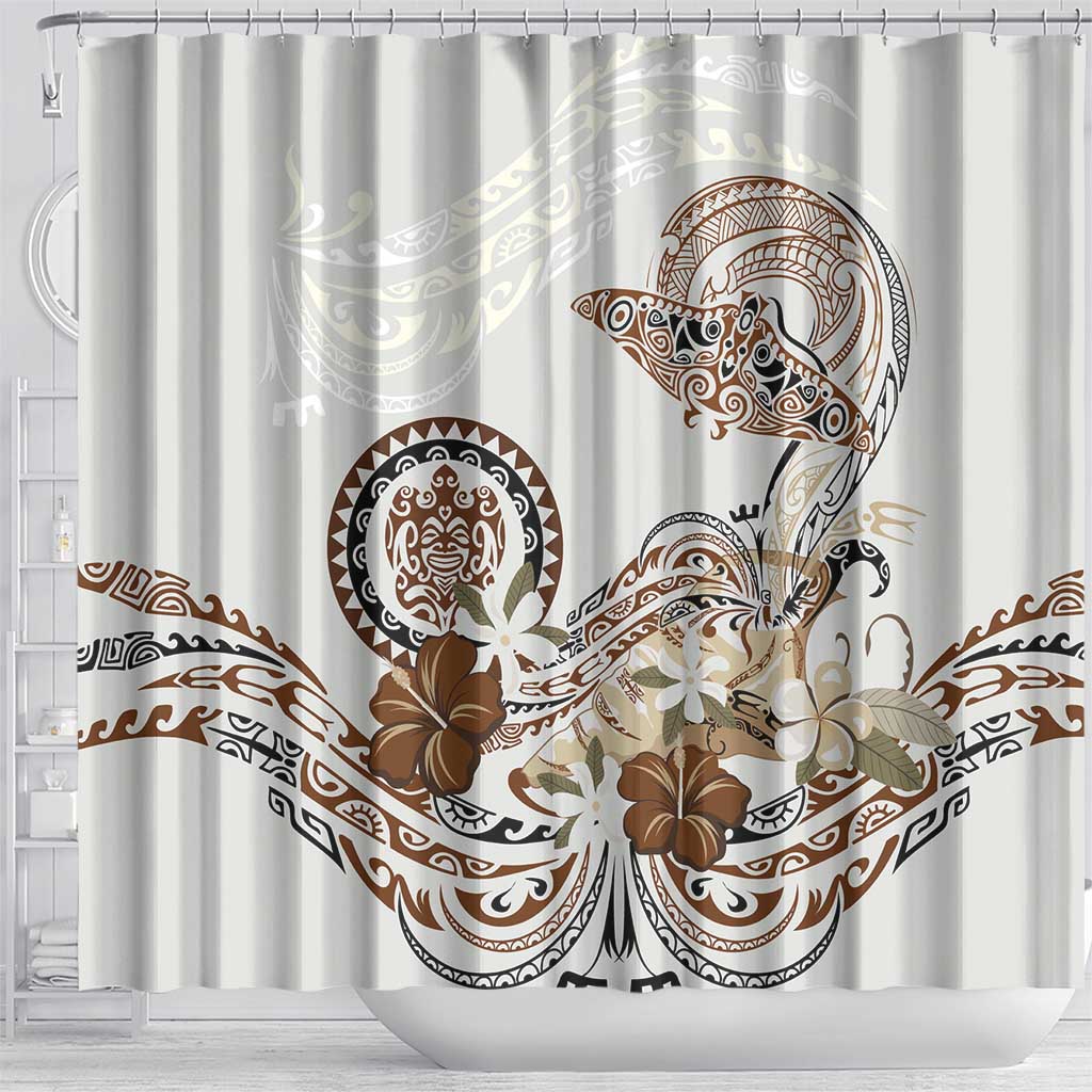 Polynesian Manta Ray Shower Curtain Beige Floral Turtle Tattoo - Polynesian Pride