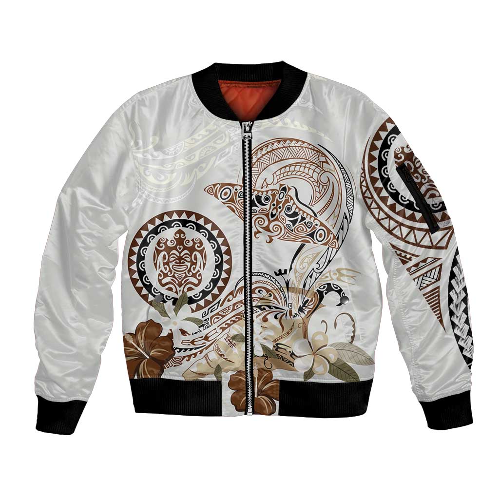 Polynesian Manta Ray Sleeve Zip Bomber Jacket Beige Floral Turtle Tattoo LT9 Unisex Beige - Polynesian Pride