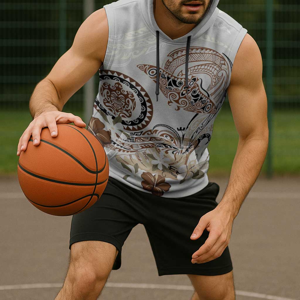 Polynesian Manta Ray Sleeveless Hoodie Beige Floral Turtle Tattoo - Polynesian Pride