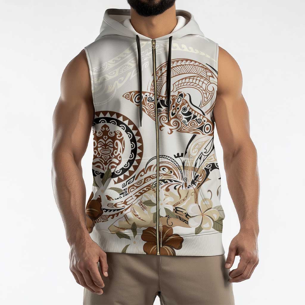 Polynesian Manta Ray Sleeveless Zip Hoodie Beige Floral Turtle Tattoo - Polynesian Pride