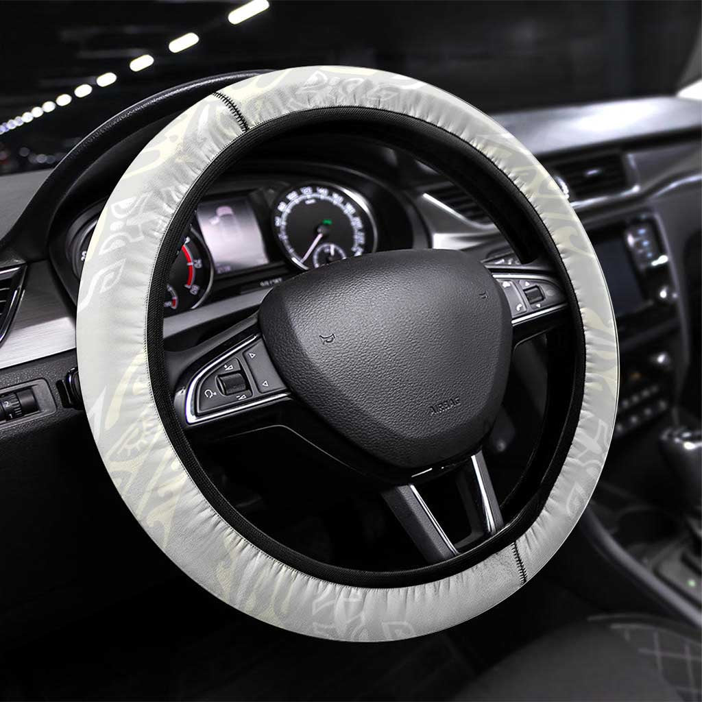 Polynesian Manta Ray Steering Wheel Cover Beige Floral Turtle Tattoo - Polynesian Pride