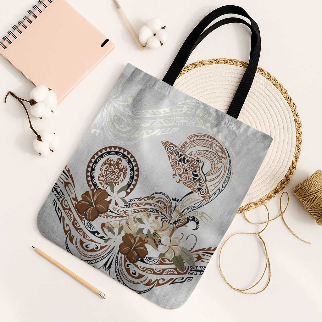Polynesian Manta Ray Tote Bag Beige Floral Turtle Tattoo LT9 Black Strap One Size Beige - Polynesian Pride