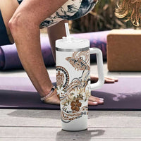 Polynesian Manta Ray Tumbler With Handle Beige Floral Turtle Tattoo - Polynesian Pride