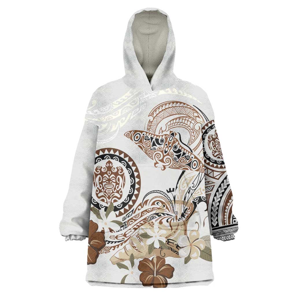 Polynesian Manta Ray Wearable Blanket Hoodie Beige Floral Turtle Tattoo LT9 One Size Beige - Polynesian Pride