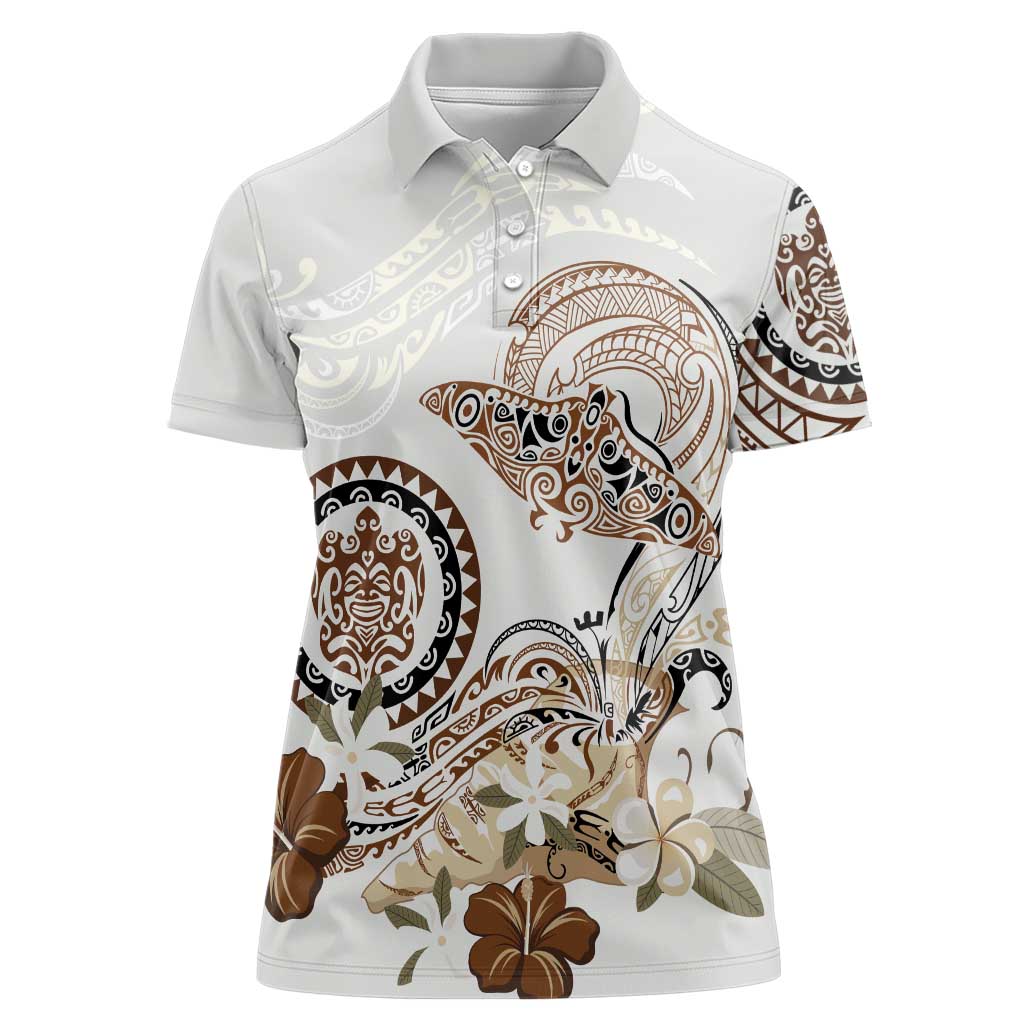 Polynesian Manta Ray Women Polo Shirt Beige Floral Turtle Tattoo - Polynesian Pride