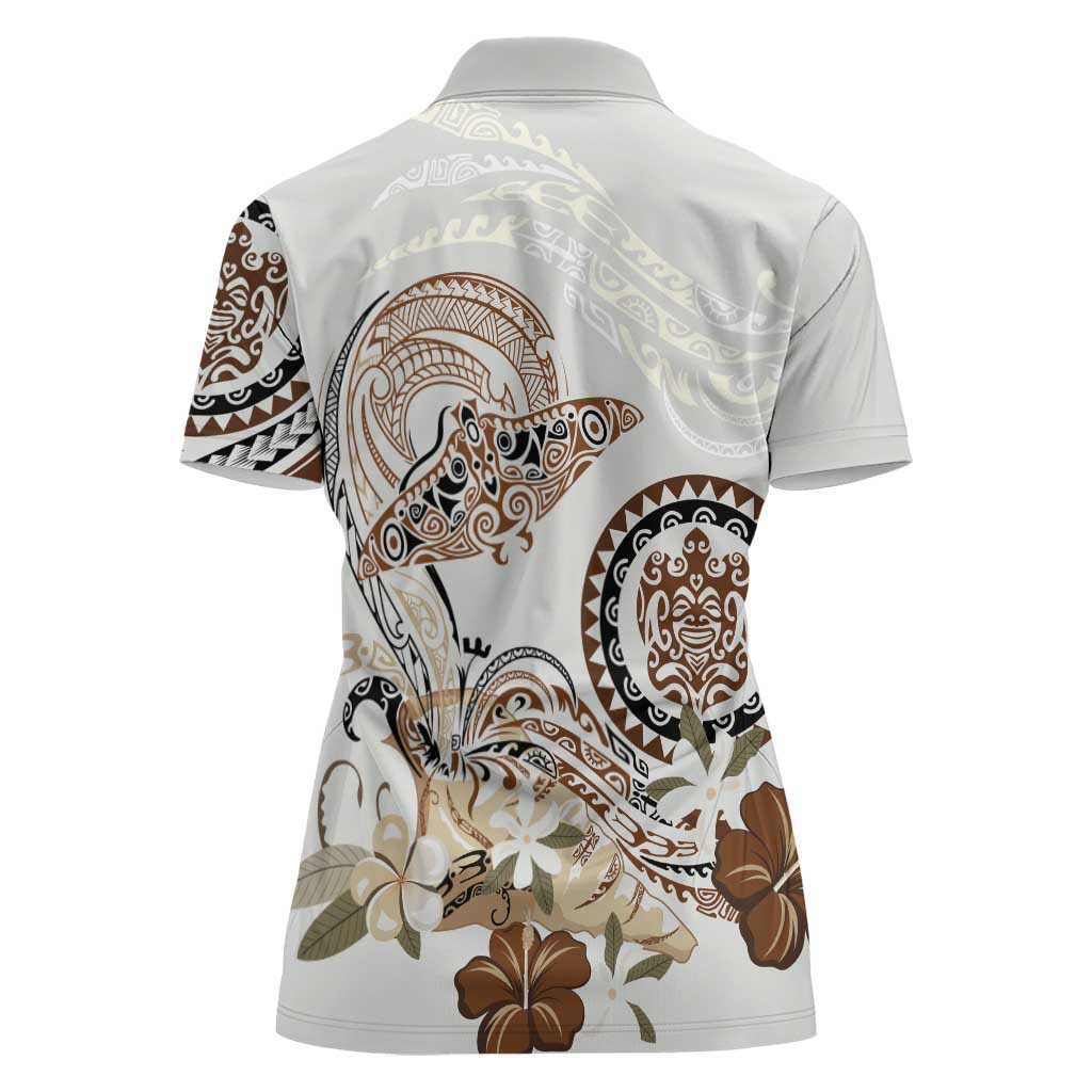 Polynesian Manta Ray Women Polo Shirt Beige Floral Turtle Tattoo - Polynesian Pride