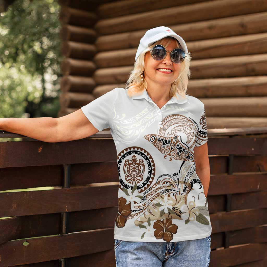 Polynesian Manta Ray Women Polo Shirt Beige Floral Turtle Tattoo - Polynesian Pride