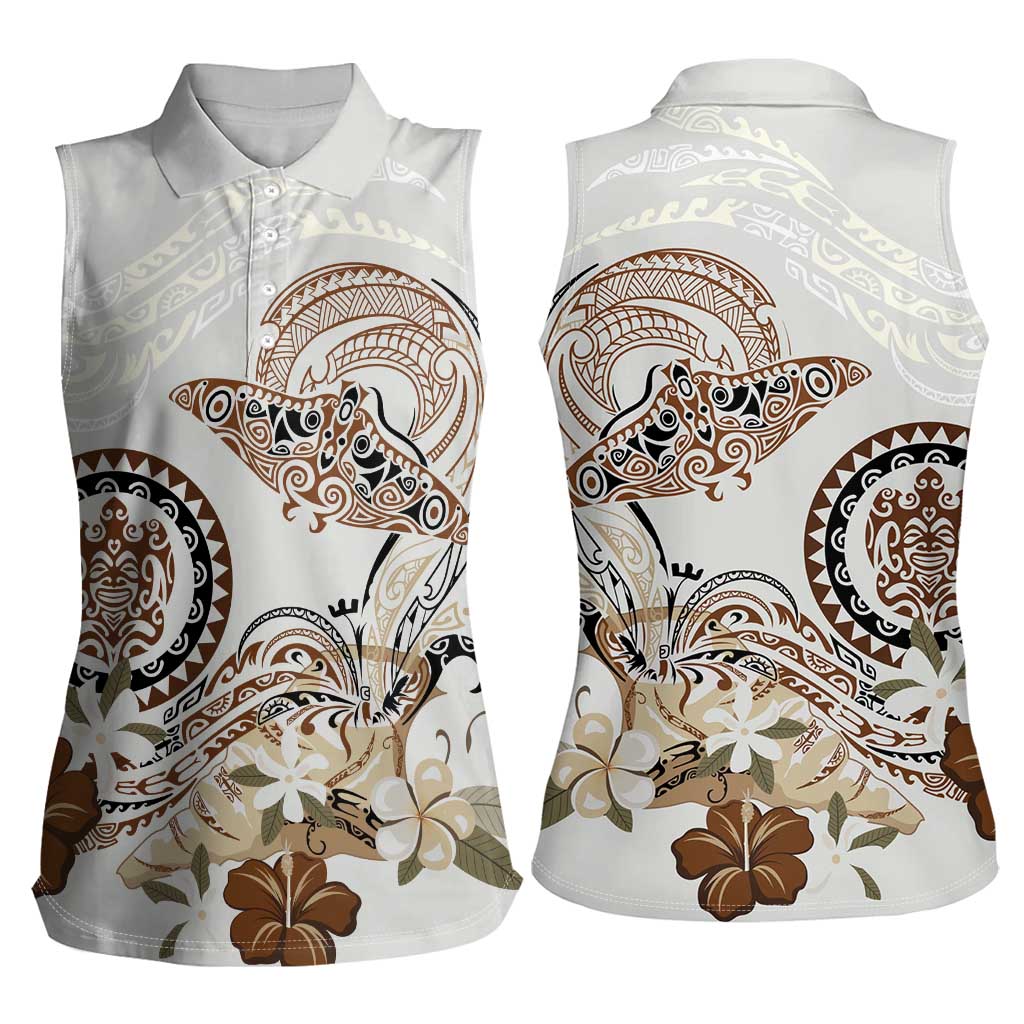Polynesian Manta Ray Women Sleeveless Polo Shirt Beige Floral Turtle Tattoo - Polynesian Pride