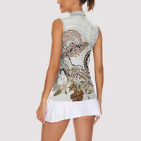 Polynesian Manta Ray Women Sleeveless Polo Shirt Beige Floral Turtle Tattoo - Polynesian Pride