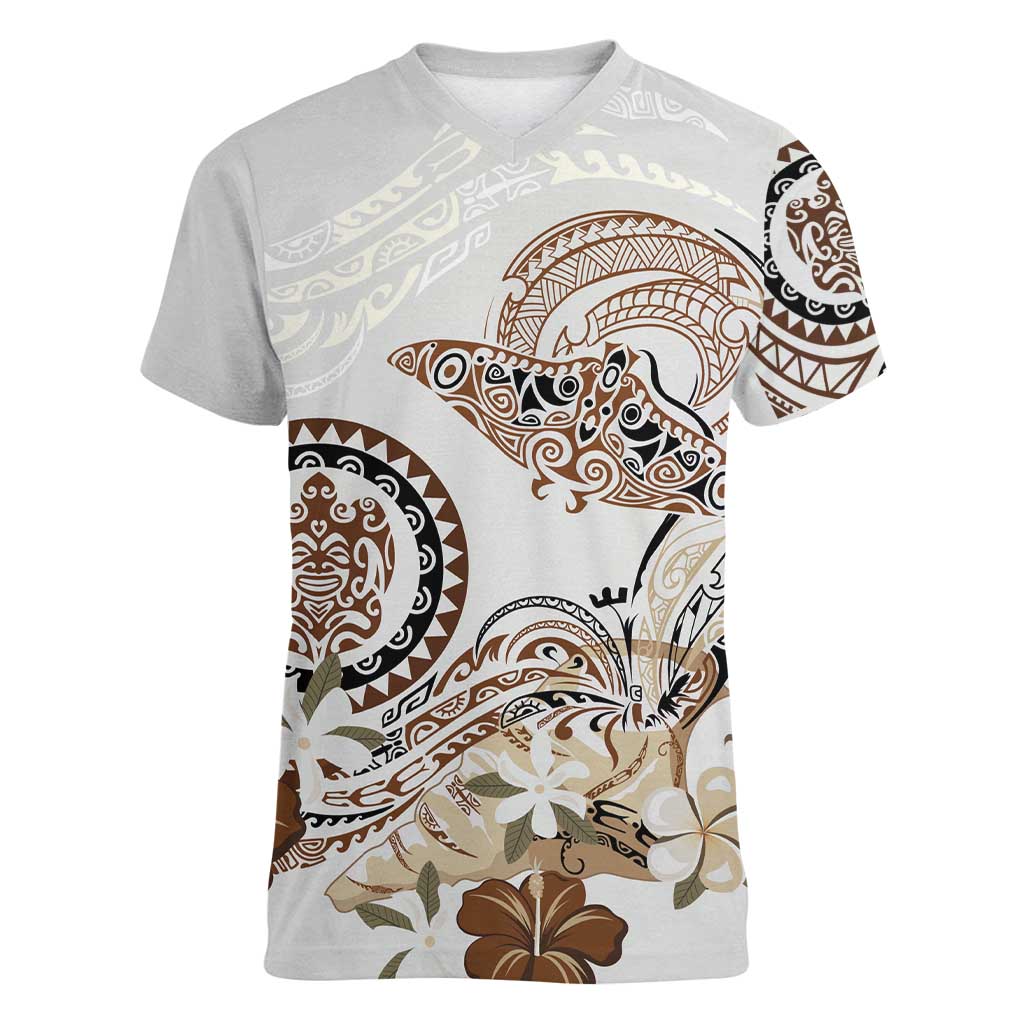Polynesian Manta Ray Women V-Neck T-Shirt Beige Floral Turtle Tattoo LT9 Female Beige - Polynesian Pride