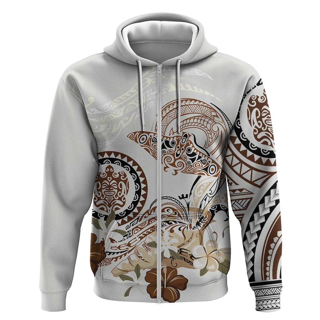 Polynesian Manta Ray Zip Hoodie Beige Floral Turtle Tattoo LT9 Zip Hoodie Beige - Polynesian Pride