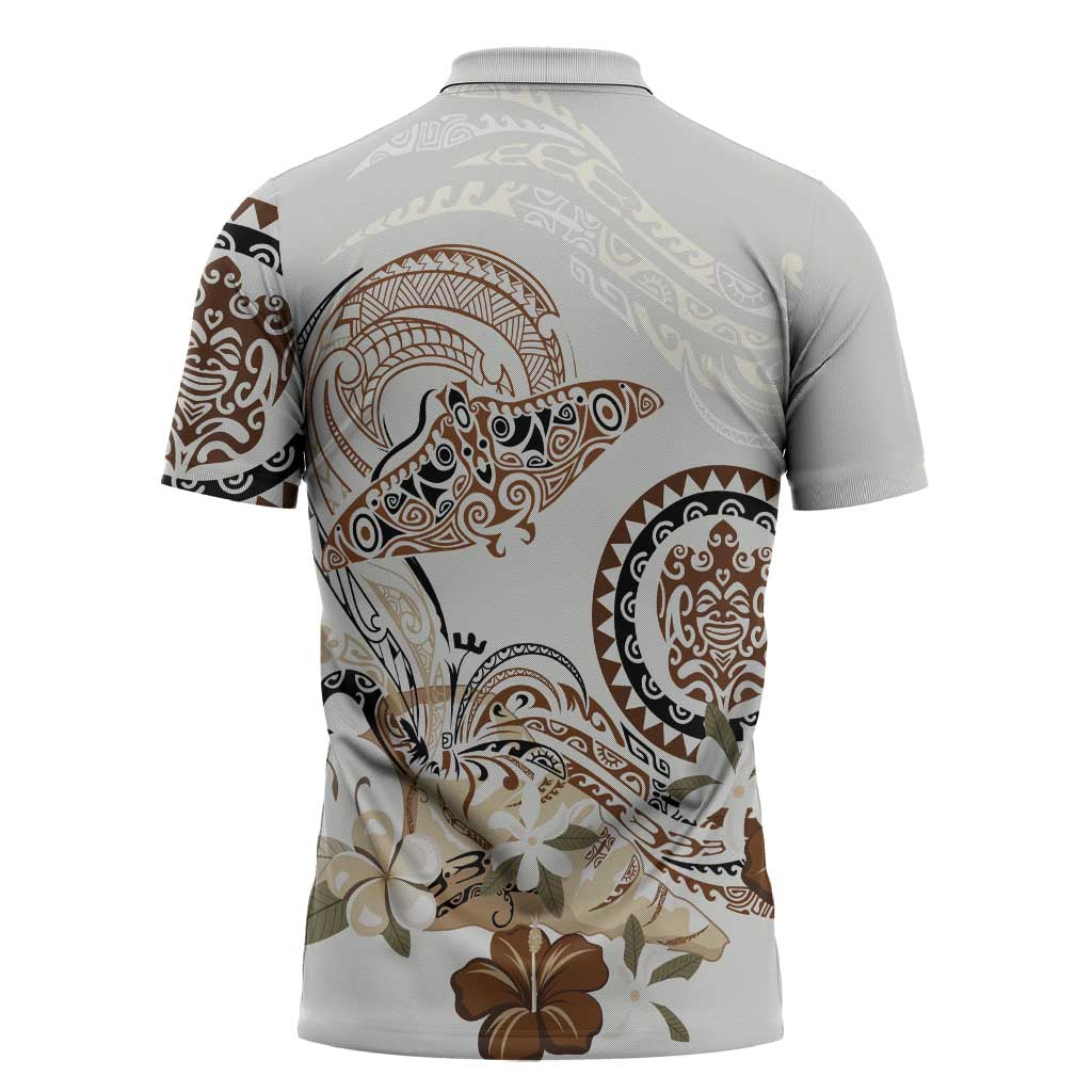 Polynesian Manta Ray Zipper Polo Shirt Beige Floral Turtle Tattoo - Polynesian Pride