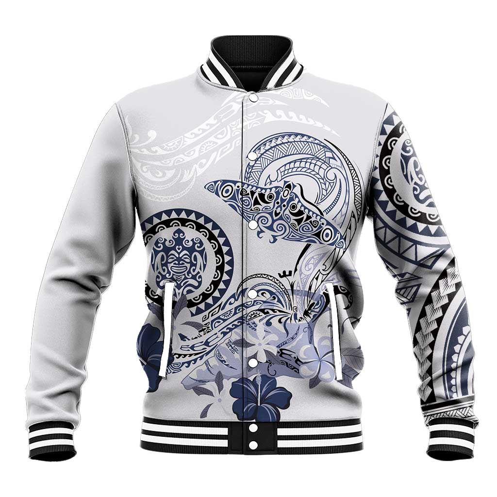 Polynesian Manta Ray Baseball Jacket Blue Floral Turtle Tattoo - Polynesian Pride