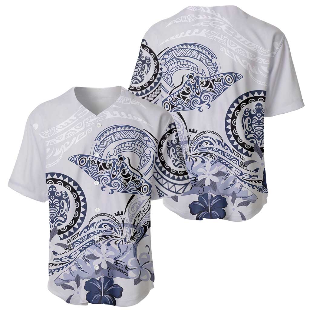 Polynesian Manta Ray Baseball Jersey Blue Floral Turtle Tattoo - Polynesian Pride