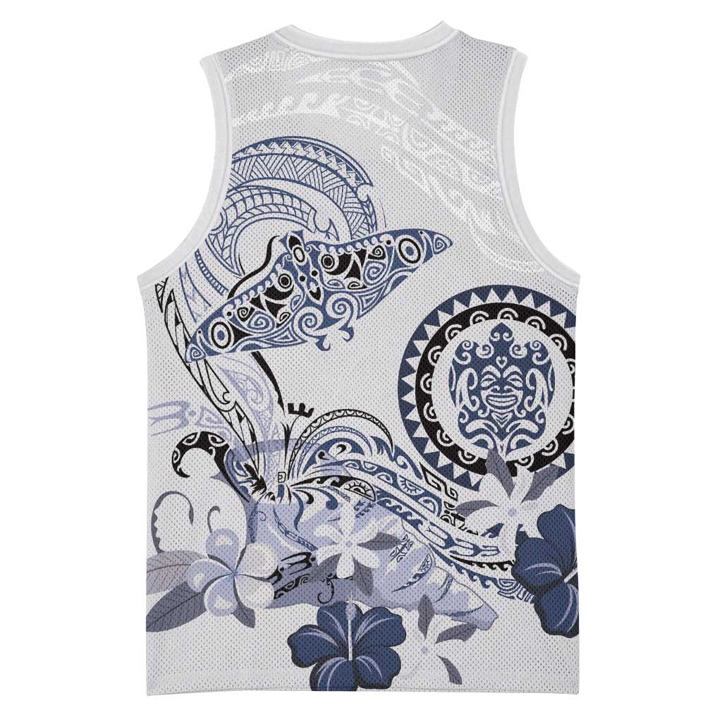 Polynesian Manta Ray Basketball Jersey Blue Floral Turtle Tattoo - Polynesian Pride