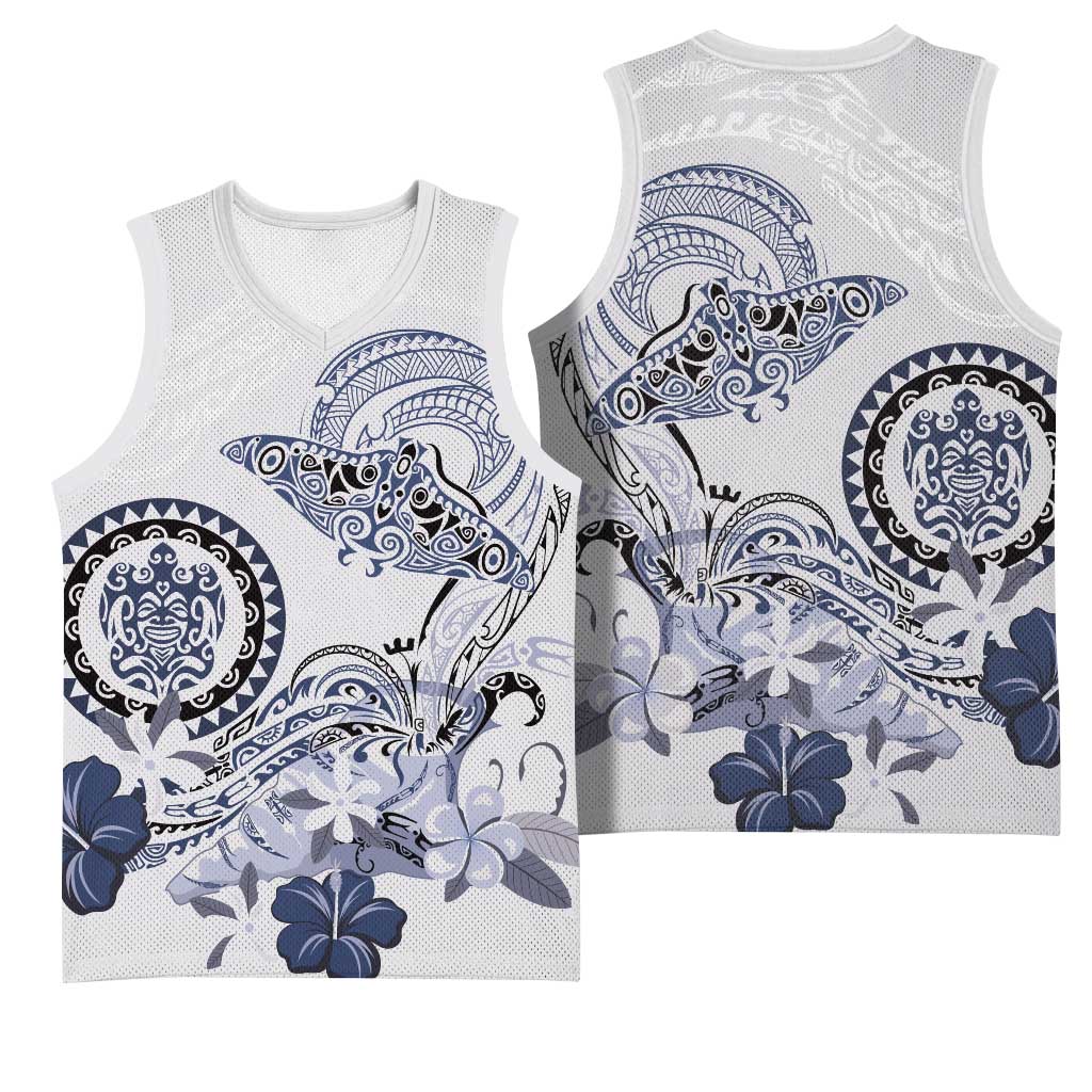 Polynesian Manta Ray Basketball Jersey Blue Floral Turtle Tattoo - Polynesian Pride
