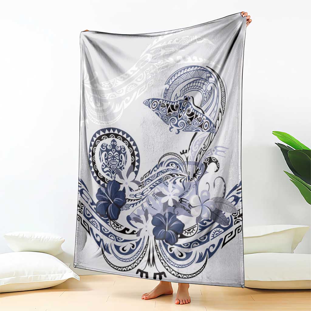Polynesian Manta Ray Blanket Blue Floral Turtle Tattoo - Polynesian Pride