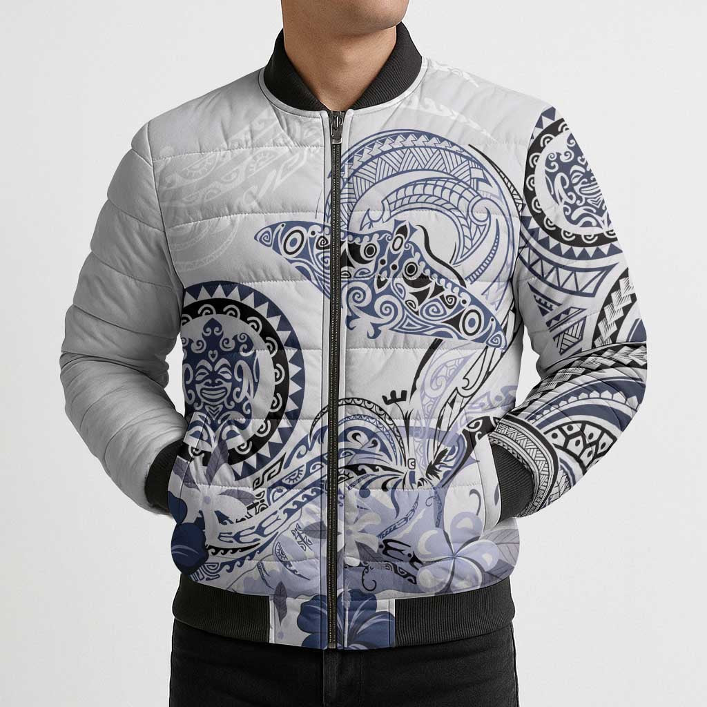 Polynesian Manta Ray Bomber Puffer Jacket Blue Floral Turtle Tattoo - Polynesian Pride