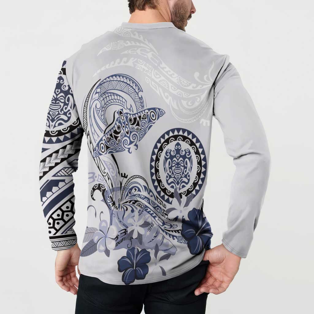 Polynesian Manta Ray Button Sweatshirt Blue Floral Turtle Tattoo - Polynesian Pride