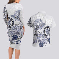 Polynesian Manta Ray Couples Matching Long Sleeve Bodycon Dress and Hawaiian Shirt Blue Floral Turtle Tattoo - Polynesian Pride