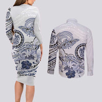 Polynesian Manta Ray Couples Matching Long Sleeve Bodycon Dress and Long Sleeve Button Shirt Blue Floral Turtle Tattoo - Polynesian Pride