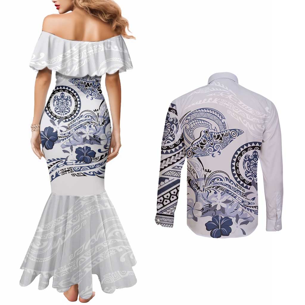Polynesian Manta Ray Couples Matching Mermaid Dress and Long Sleeve Button Shirt Blue Floral Turtle Tattoo - Polynesian Pride