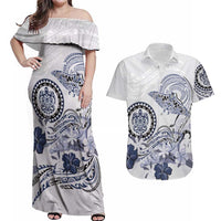 Polynesian Manta Ray Couples Matching Off Shoulder Maxi Dress and Hawaiian Shirt Blue Floral Turtle Tattoo - Polynesian Pride