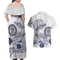 Polynesian Manta Ray Couples Matching Off Shoulder Maxi Dress and Hawaiian Shirt Blue Floral Turtle Tattoo - Polynesian Pride