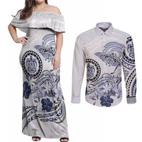Polynesian Manta Ray Couples Matching Off Shoulder Maxi Dress and Long Sleeve Button Shirt Blue Floral Turtle Tattoo - Polynesian Pride