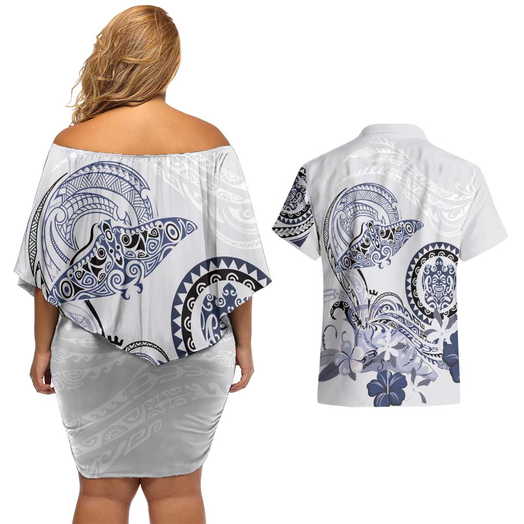 Polynesian Manta Ray Couples Matching Off Shoulder Short Dress and Hawaiian Shirt Blue Floral Turtle Tattoo - Polynesian Pride