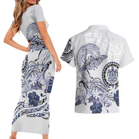 Polynesian Manta Ray Couples Matching Short Sleeve Bodycon Dress and Hawaiian Shirt Blue Floral Turtle Tattoo - Polynesian Pride