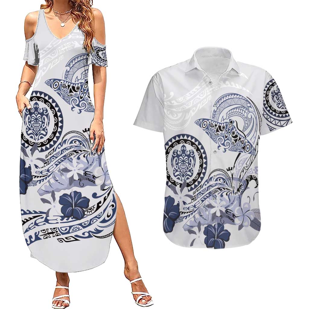 Polynesian Manta Ray Couples Matching Summer Maxi Dress and Hawaiian Shirt Blue Floral Turtle Tattoo - Polynesian Pride