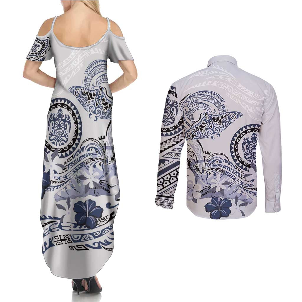 Polynesian Manta Ray Couples Matching Summer Maxi Dress and Long Sleeve Button Shirt Blue Floral Turtle Tattoo - Polynesian Pride
