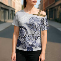 Polynesian Manta Ray Cross Shoulder Shirt Blue Floral Turtle Tattoo - Polynesian Pride