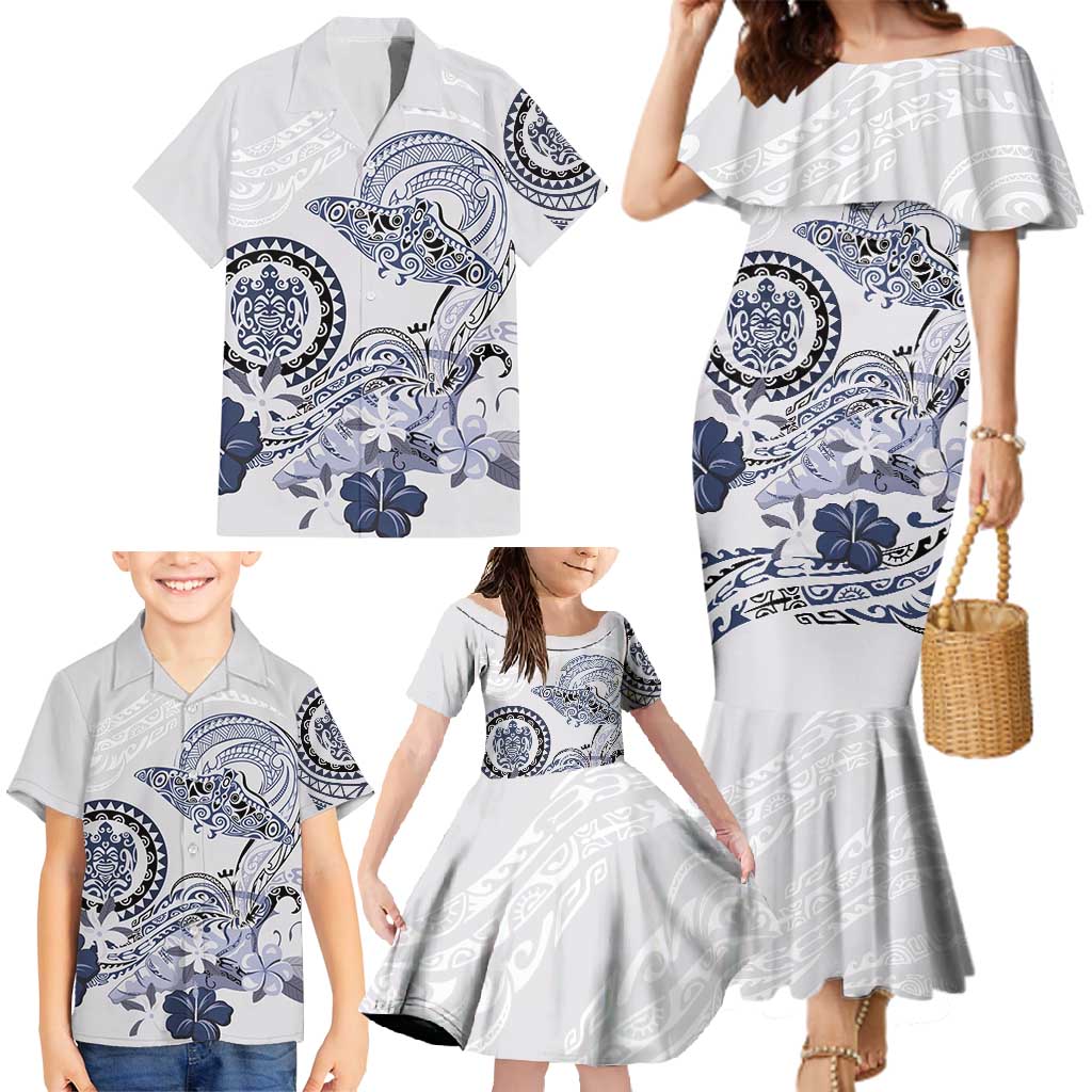 Polynesian Manta Ray Family Matching Mermaid Dress and Hawaiian Shirt Blue Floral Turtle Tattoo - Polynesian Pride