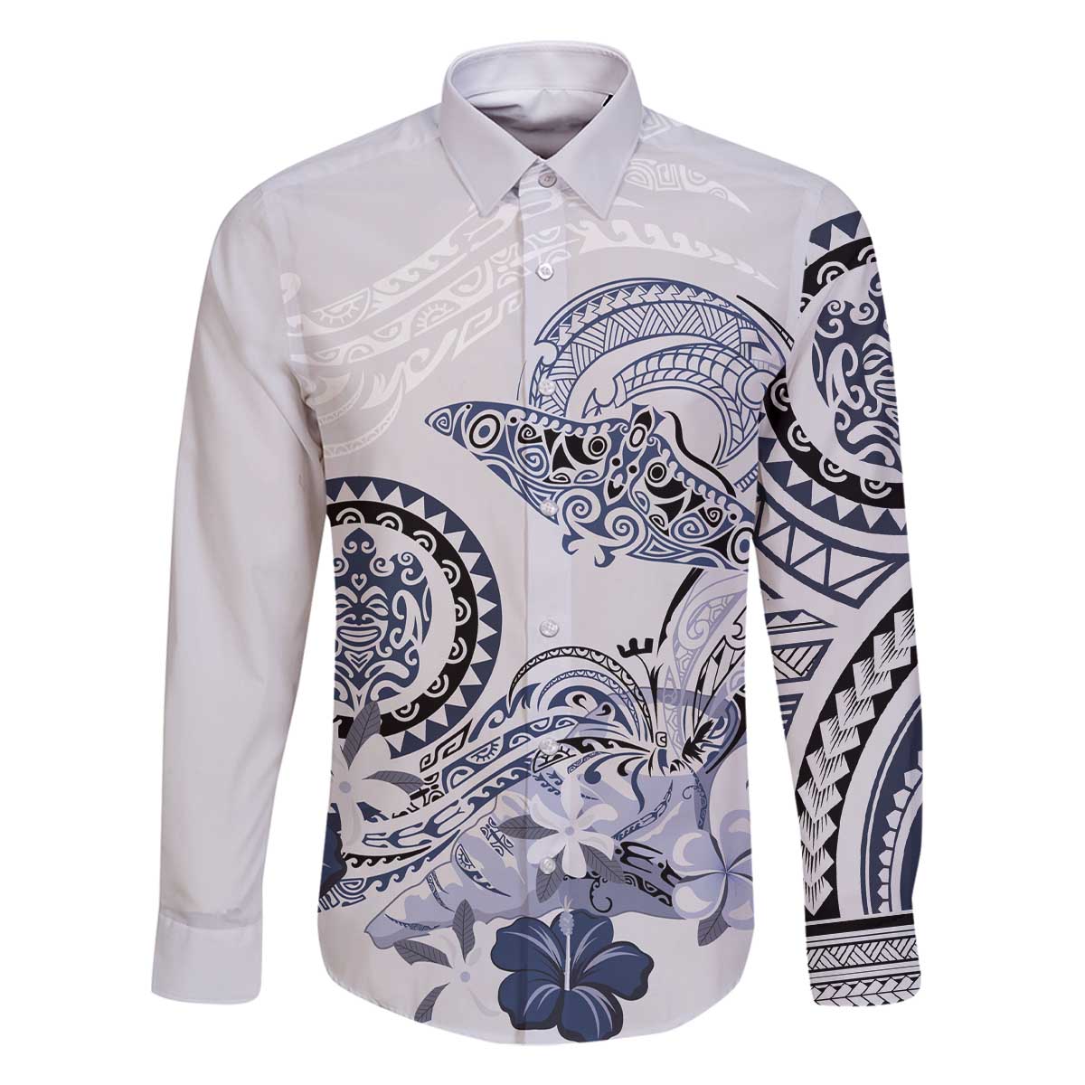 Polynesian Manta Ray Family Matching Off The Shoulder Long Sleeve Dress and Hawaiian Shirt Blue Floral Turtle Tattoo - Polynesian Pride