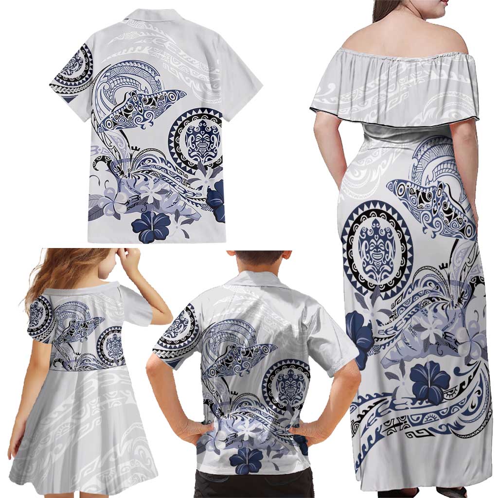 Polynesian Manta Ray Family Matching Off Shoulder Maxi Dress and Hawaiian Shirt Blue Floral Turtle Tattoo - Polynesian Pride