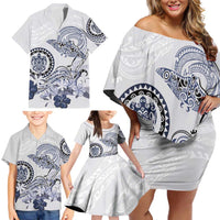 Polynesian Manta Ray Family Matching Off Shoulder Short Dress and Hawaiian Shirt Blue Floral Turtle Tattoo - Polynesian Pride