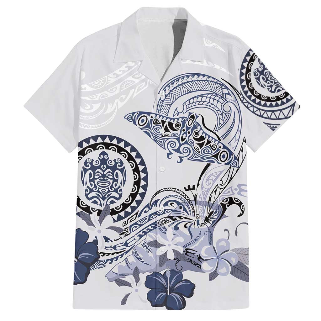 Polynesian Manta Ray Family Matching Off Shoulder Short Dress and Hawaiian Shirt Blue Floral Turtle Tattoo - Polynesian Pride
