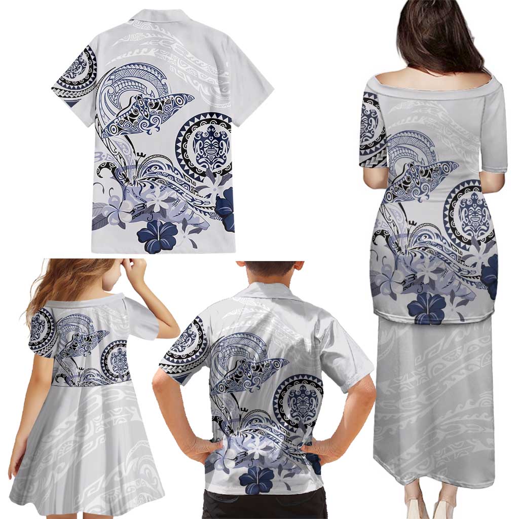 Polynesian Manta Ray Family Matching Puletasi and Hawaiian Shirt Blue Floral Turtle Tattoo - Polynesian Pride