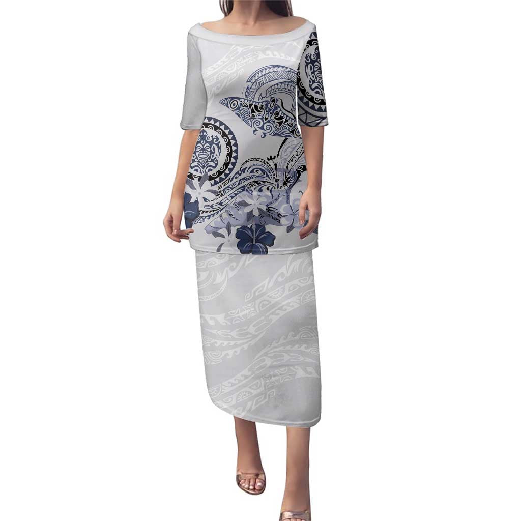 Polynesian Manta Ray Family Matching Puletasi and Hawaiian Shirt Blue Floral Turtle Tattoo - Polynesian Pride