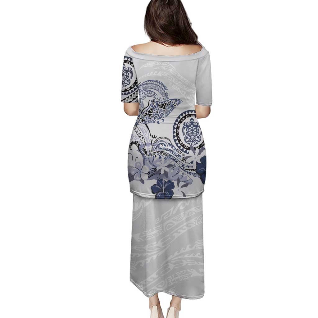 Polynesian Manta Ray Family Matching Puletasi and Hawaiian Shirt Blue Floral Turtle Tattoo - Polynesian Pride