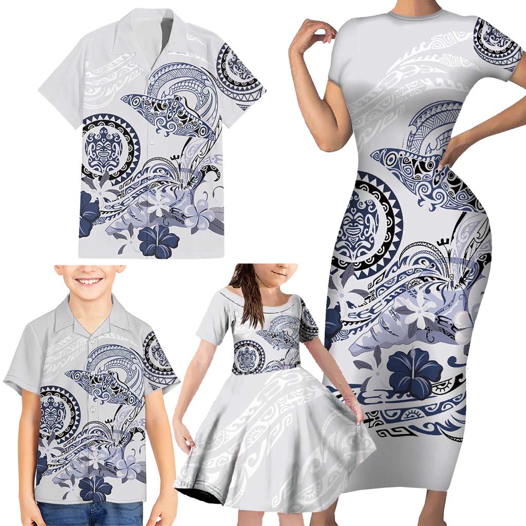 Polynesian Manta Ray Family Matching Short Sleeve Bodycon Dress and Hawaiian Shirt Blue Floral Turtle Tattoo - Polynesian Pride
