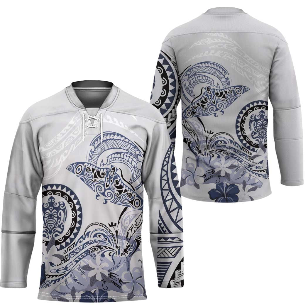 Polynesian Manta Ray Hockey Jersey Blue Floral Turtle Tattoo - Polynesian Pride