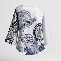 Polynesian Manta Ray Kimono Sleeve Blouse Blue Floral Turtle Tattoo - Polynesian Pride